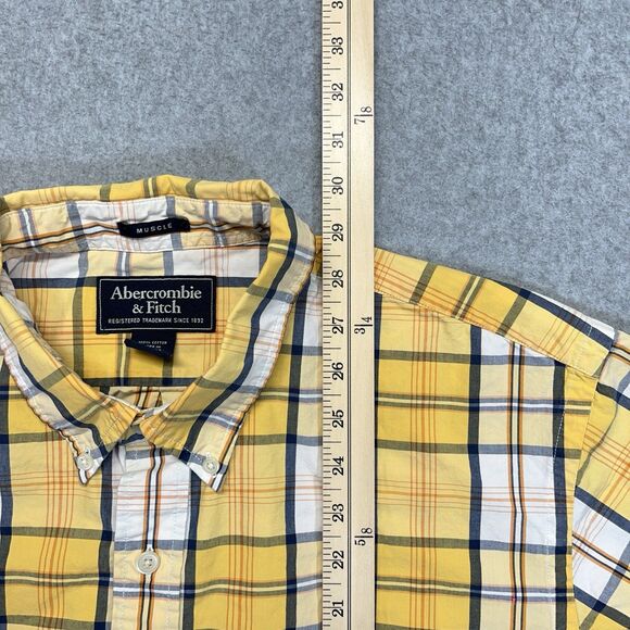 Abercrombie & Fitch Muscle Fit Plaid Button-Down Shirt Men’s XL Yellow Blue - Picture 9 of 10